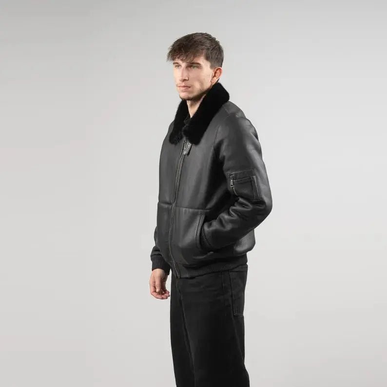 Black Sheepskin Jacket - Mink Fur Collar - Classic Elegance Fur Jacket - Hawks Gadgets