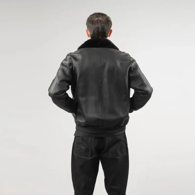 Black Sheepskin Jacket - Mink Fur Collar - Classic Elegance Fur Jacket - Hawks Gadgets