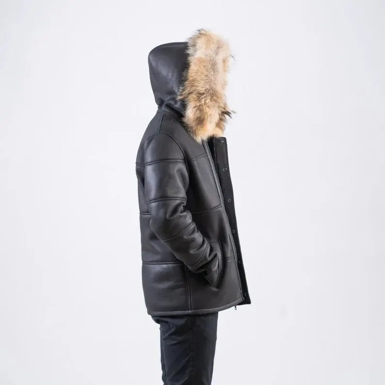 Hooded Black Sheepskin Jacket Sheepskin Fur Men Suede Jacket - Hawks Gadgets