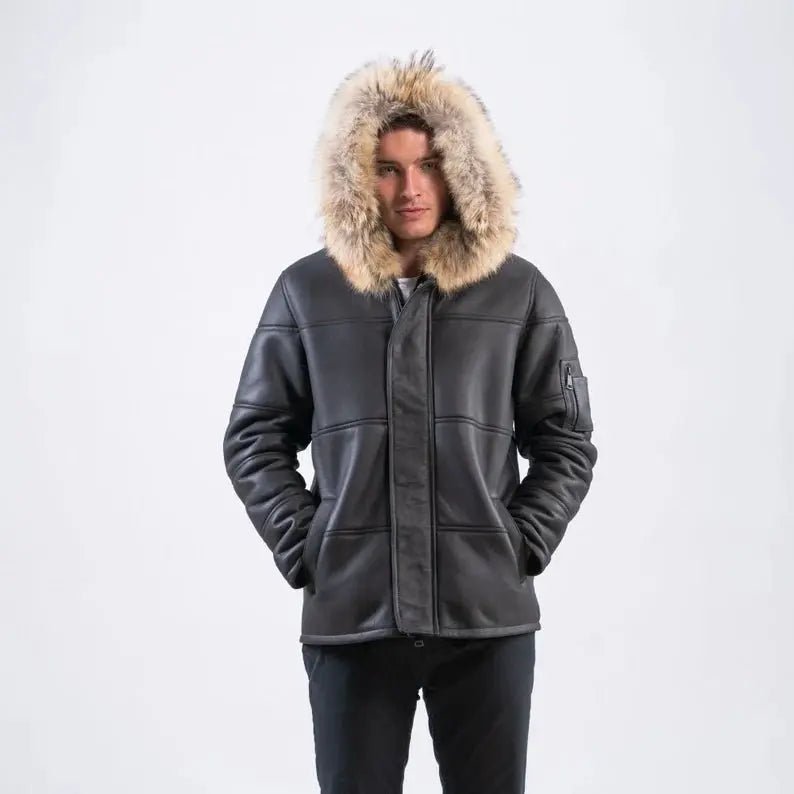 Hooded Black Sheepskin Jacket Sheepskin Fur Men Suede Jacket - Hawks Gadgets