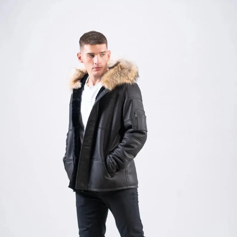 Hooded Black Sheepskin Jacket Sheepskin Fur Men Suede Jacket - Hawks Gadgets