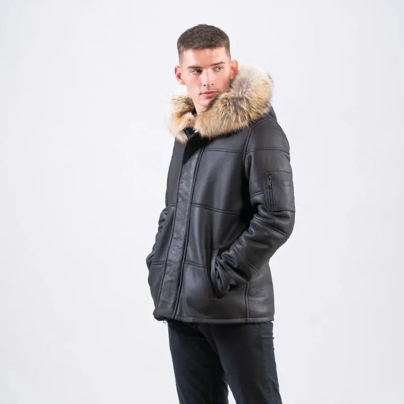 Hooded Black Sheepskin Jacket Sheepskin Fur Men Suede Jacket - Hawks Gadgets