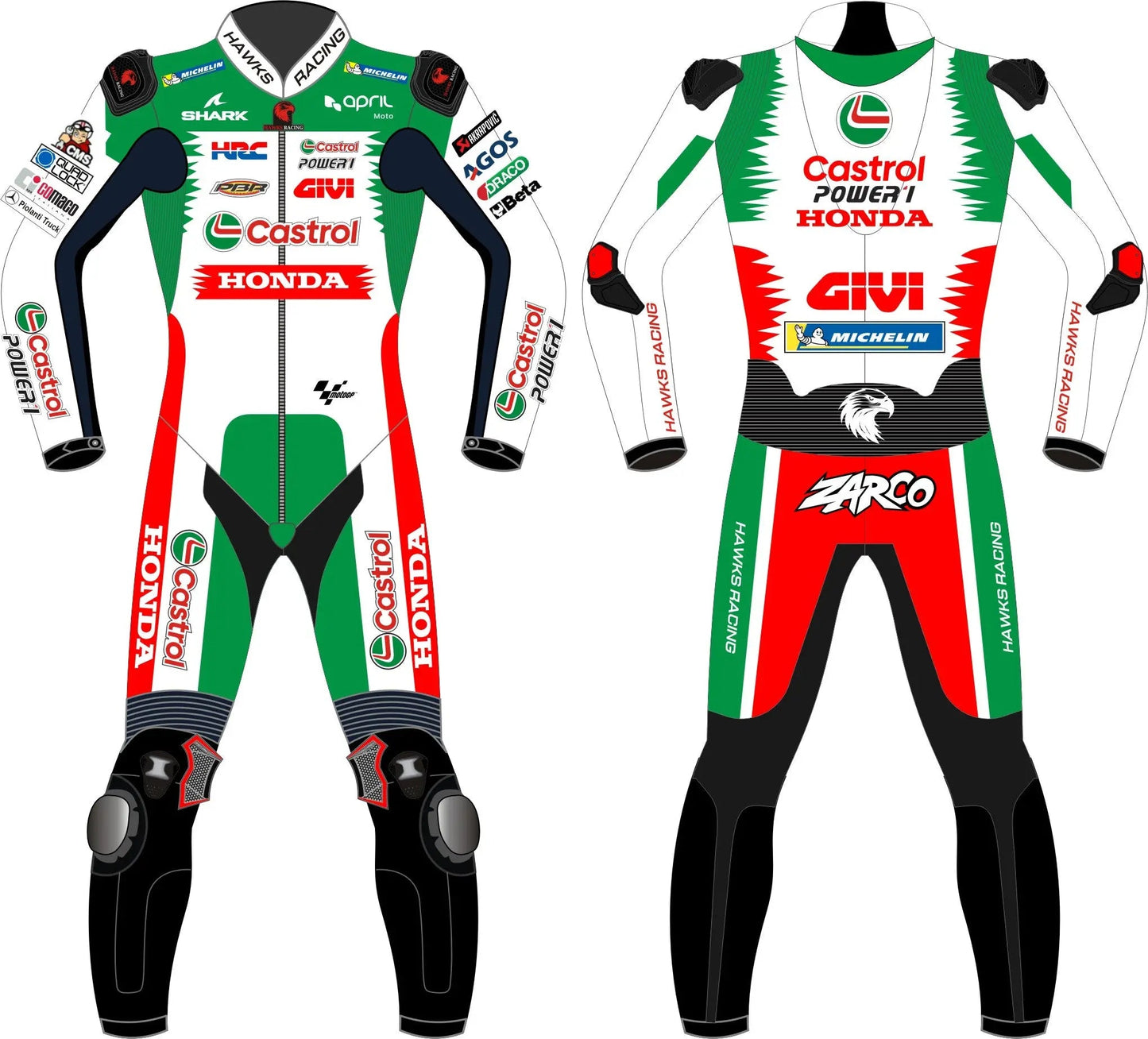 Johann Zarco Honda Castrol MotoGP 2024 Race Suit – Custom Leather Moto Suit - Hawks Gadgets