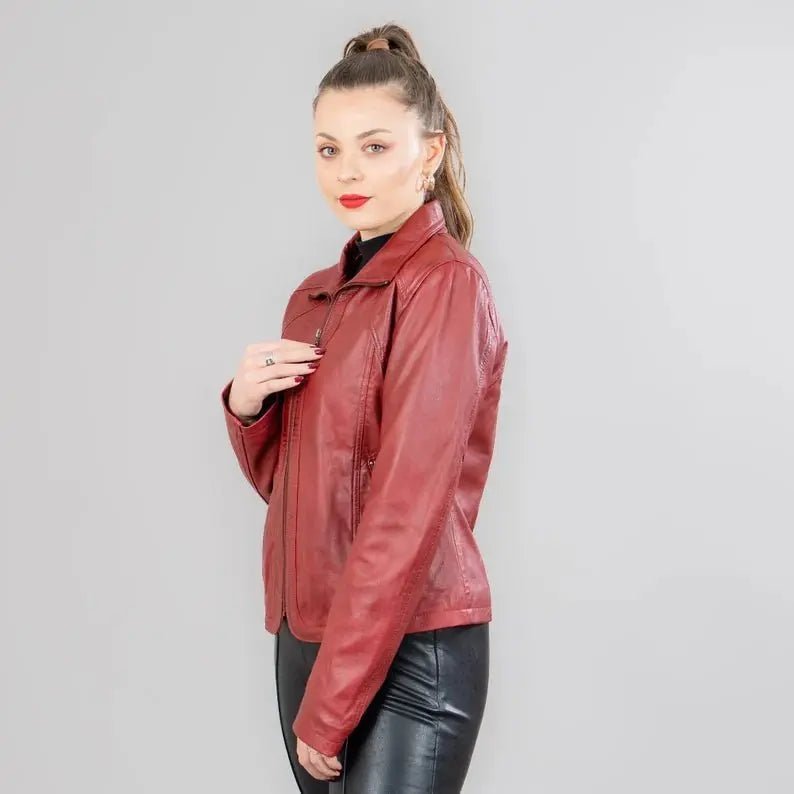Lamb red leather jacket women - Hawks Gadgets