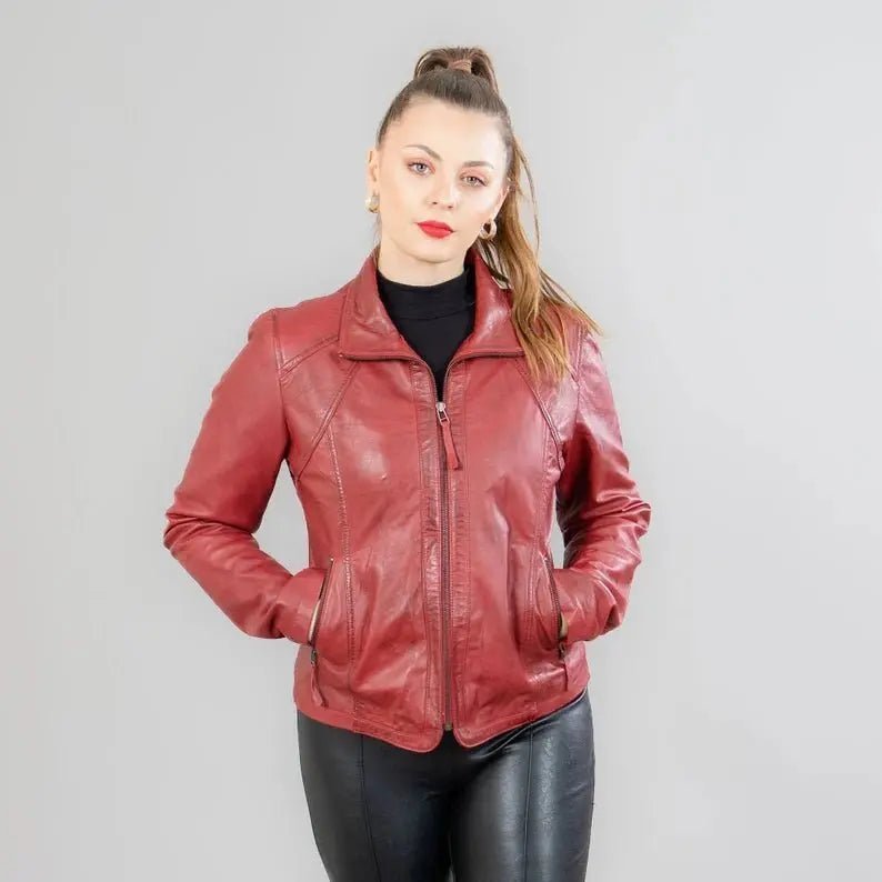Lamb red leather jacket women - Hawks Gadgets