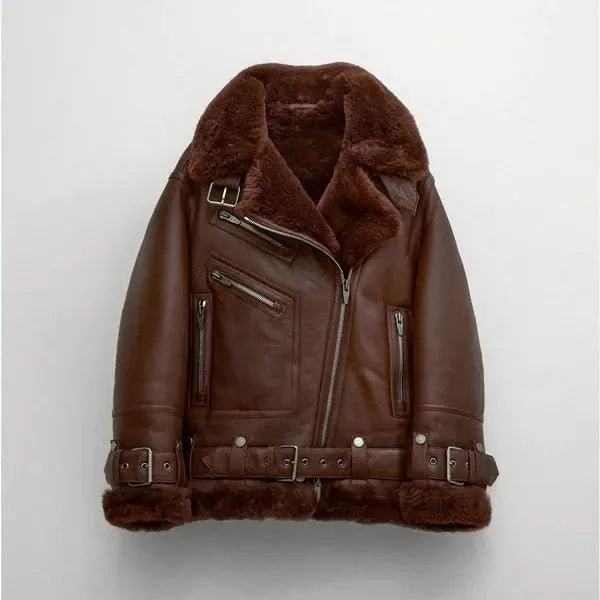 New Best Sheepskin Shearling Brown Aviator Styled Leather Jacket For Women - Hawks Gadgets