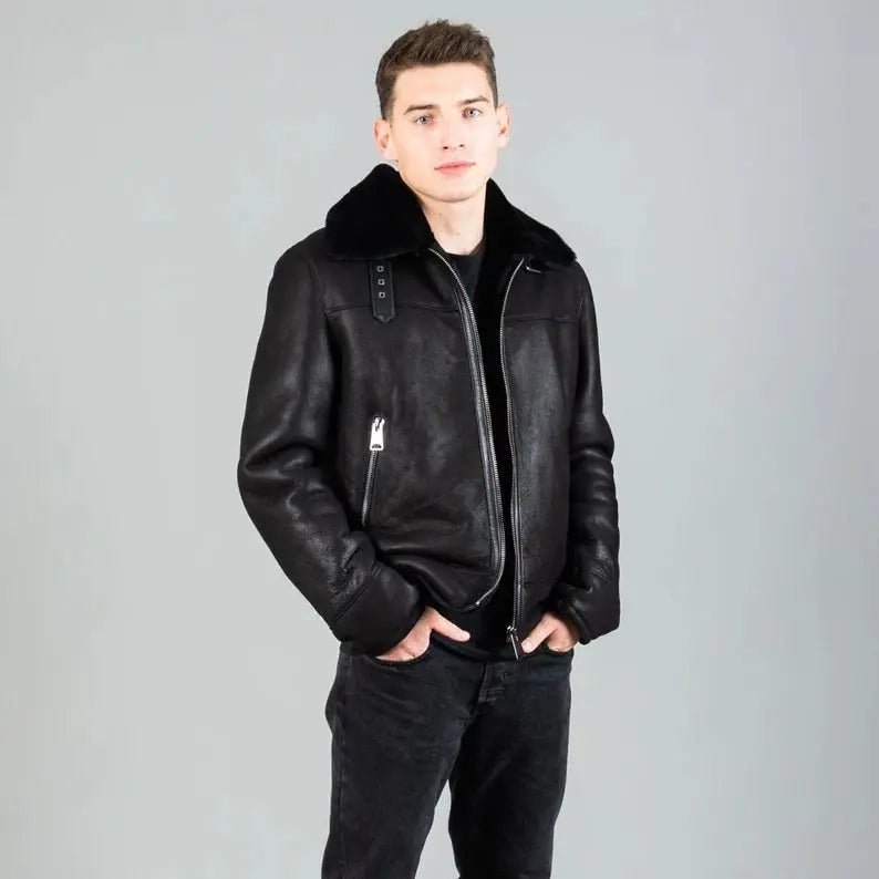 Real sheepskin leather jacket in black color with a sheepskin fur collar - Hawks Gadgets