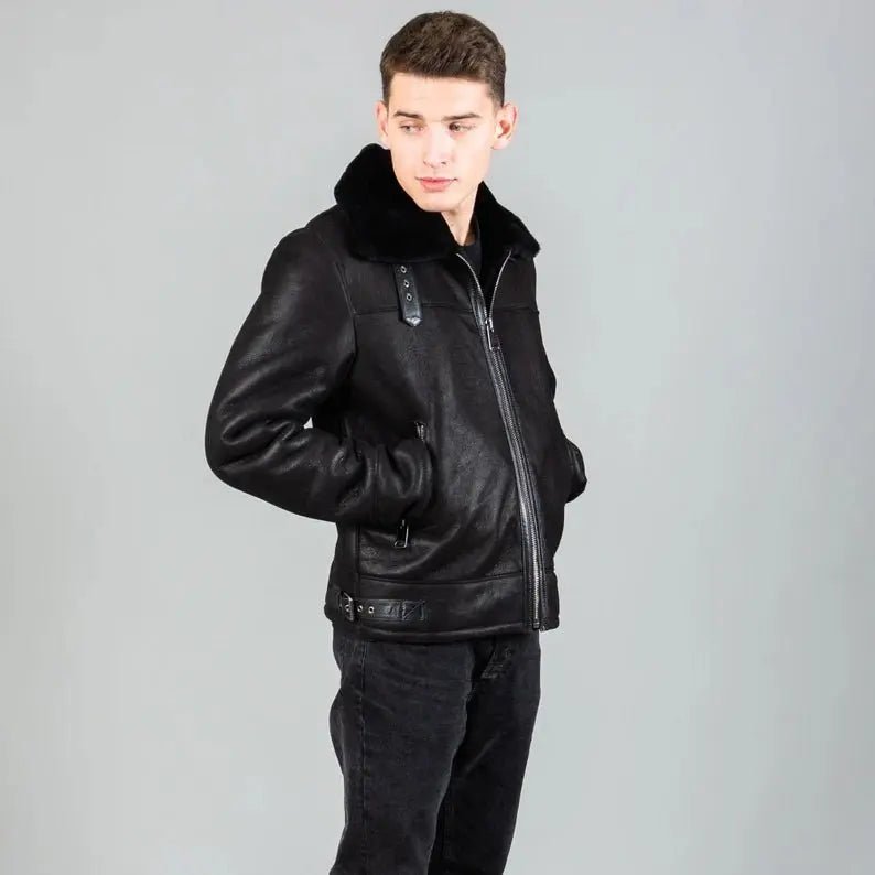 Real sheepskin leather jacket in black color with a sheepskin fur collar - Hawks Gadgets