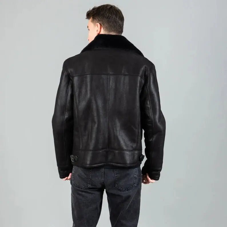 Real sheepskin leather jacket in black color with a sheepskin fur collar - Hawks Gadgets