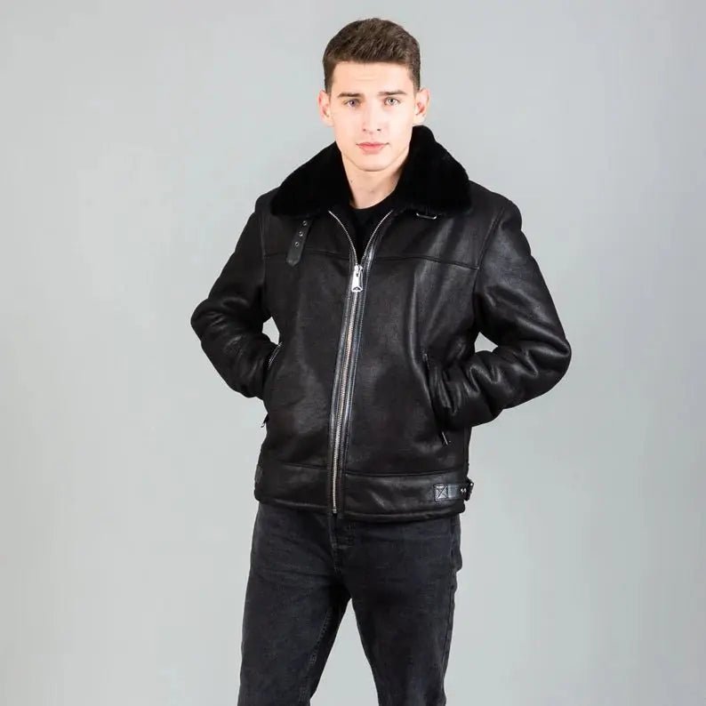 Real sheepskin leather jacket in black color with a sheepskin fur collar - Hawks Gadgets