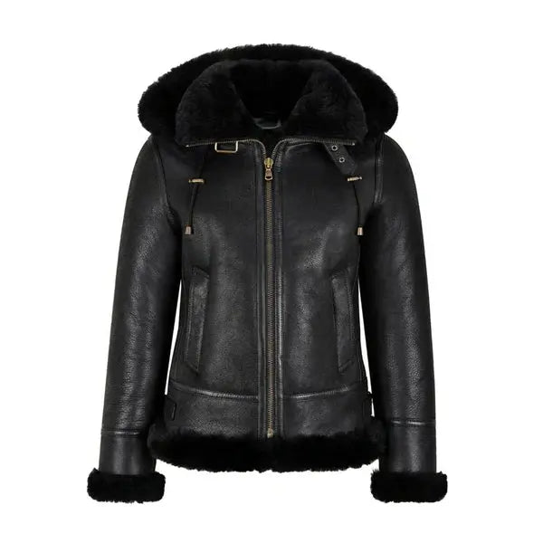 Women Black Lambskin Shearling B3 RAF Aviator Styled Leather Jacket - Hawks Gadgets