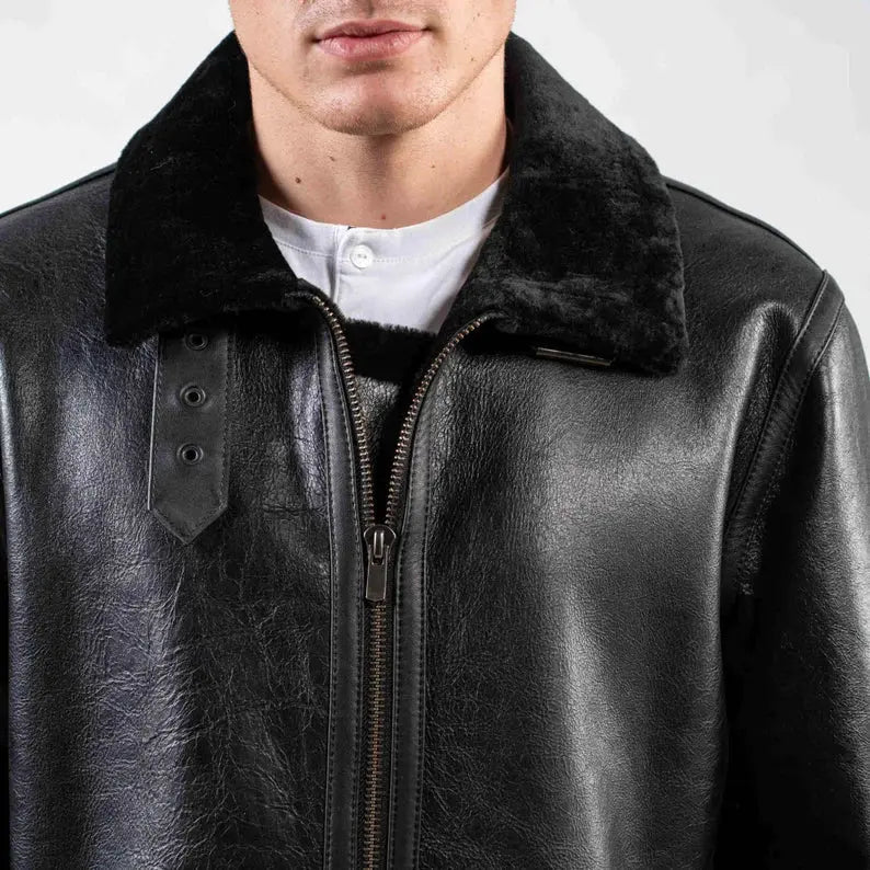 Black Sheepskin leather Jacket With A Collar Sheepskin Fur Men Suede Jacket - Hawks Gadgets