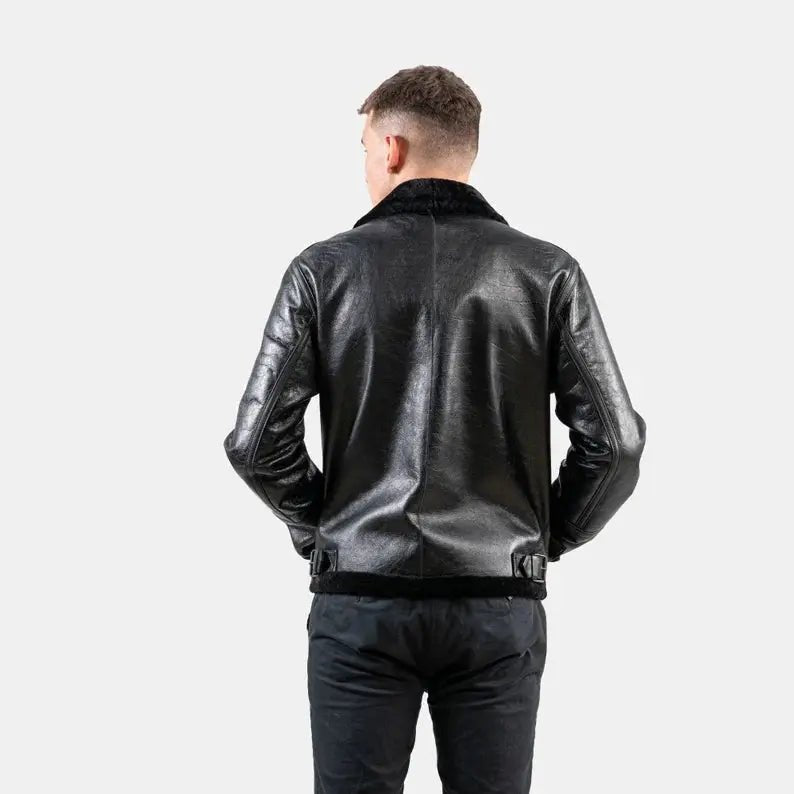 Black Sheepskin leather Jacket With A Collar Sheepskin Fur Men Suede Jacket - Hawks Gadgets