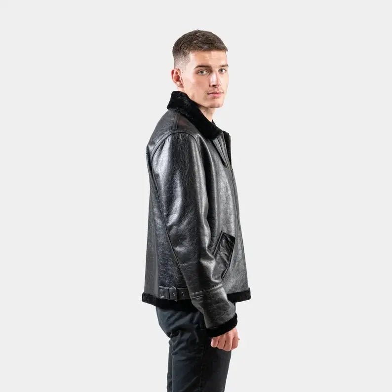 Black Sheepskin leather Jacket With A Collar Sheepskin Fur Men Suede Jacket - Hawks Gadgets
