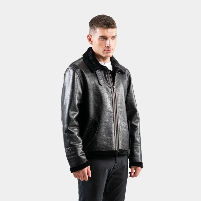 Black Sheepskin leather Jacket With A Collar Sheepskin Fur Men Suede Jacket - Hawks Gadgets