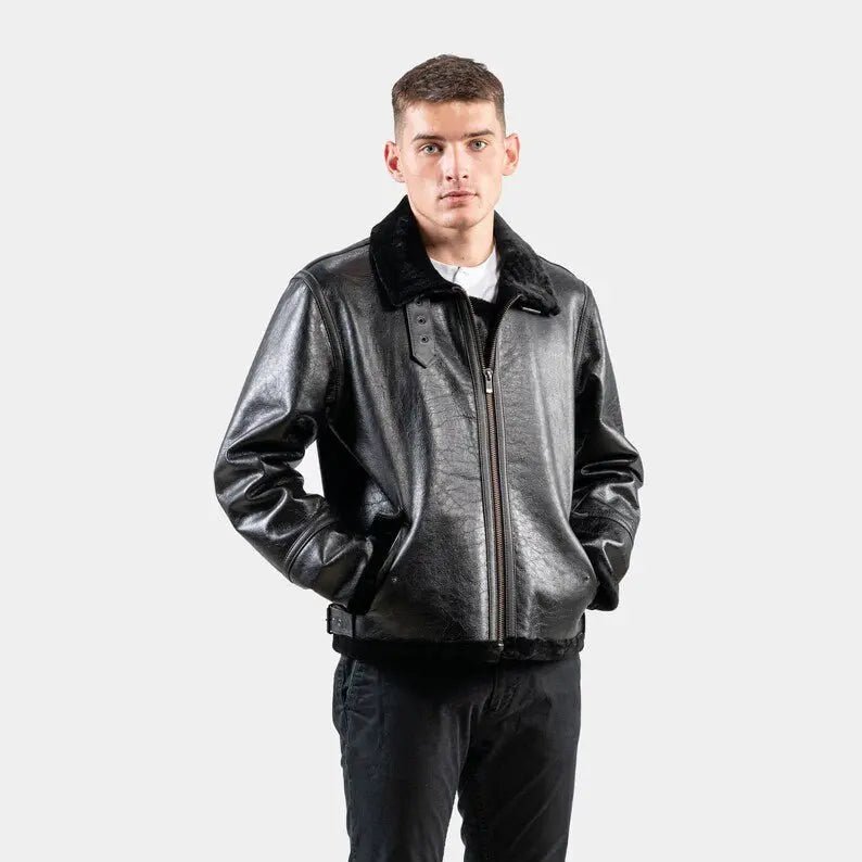 Black Sheepskin leather Jacket With A Collar Sheepskin Fur Men Suede Jacket - Hawks Gadgets