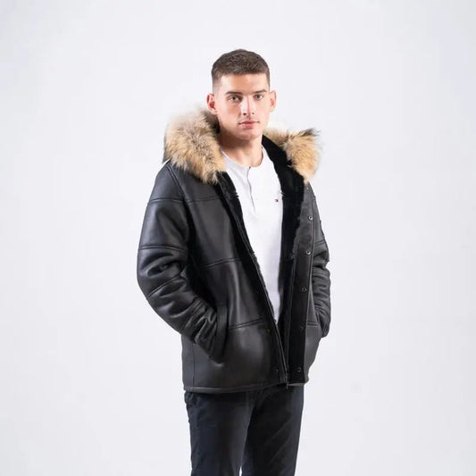 Hooded Black Sheepskin Jacket Sheepskin Fur Men Suede Jacket - Hawks Gadgets