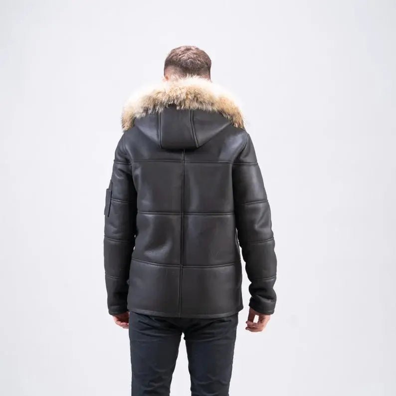 Hooded Black Sheepskin Jacket Sheepskin Fur Men Suede Jacket - Hawks Gadgets