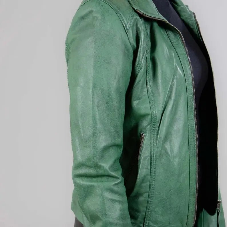 Lambskin women's leather jackets in green color with a collar - Hawks Gadgets