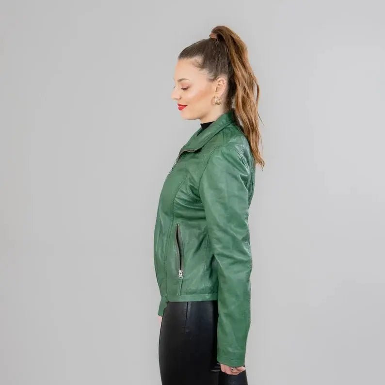 Lambskin women's leather jackets in green color with a collar - Hawks Gadgets