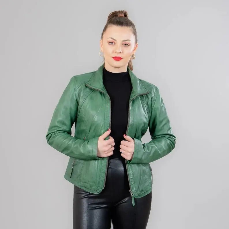 Lambskin women's leather jackets in green color with a collar - Hawks Gadgets