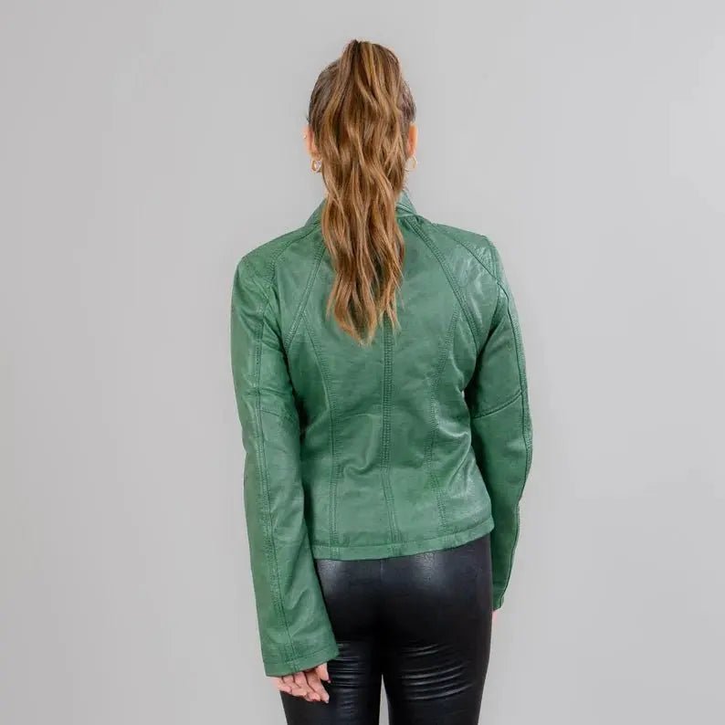 Lambskin women's leather jackets in green color with a collar - Hawks Gadgets