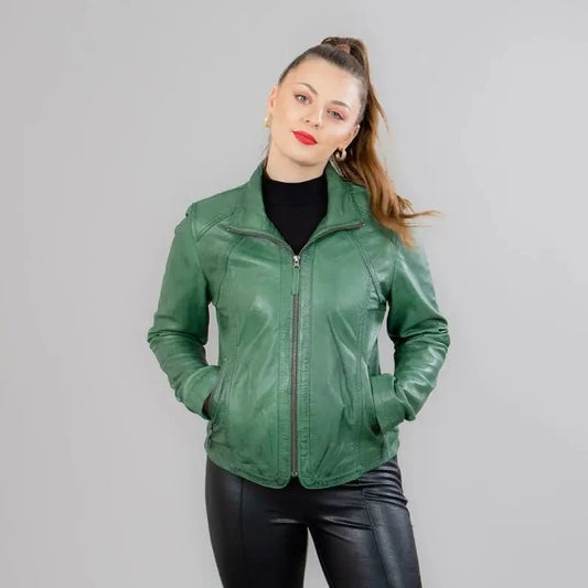 Lambskin women's leather jackets in green color with a collar - Hawks Gadgets
