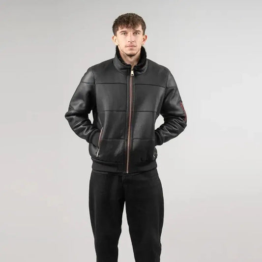 Men's Black Sheepskin jacket mens with Fur Collar - Hawks Gadgets