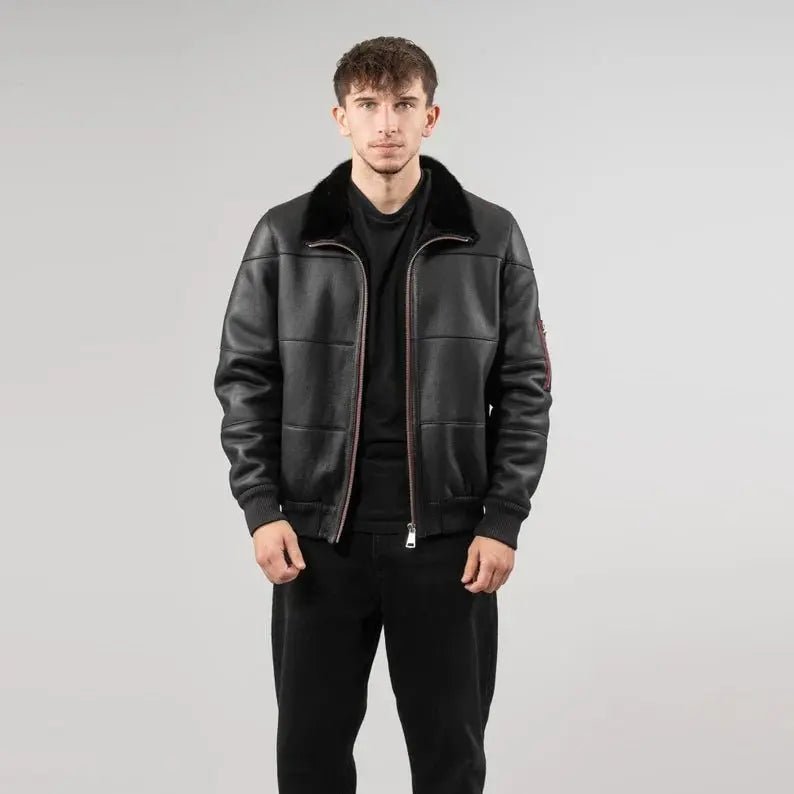 Men's Black Sheepskin jacket mens with Fur Collar - Hawks Gadgets