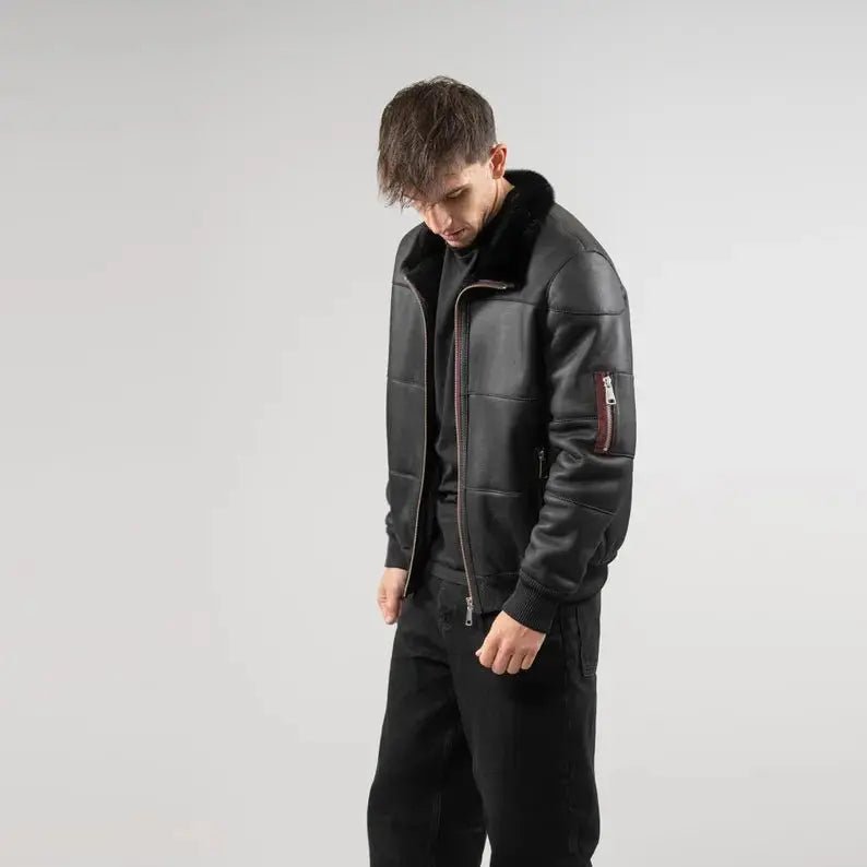 Men's Black Sheepskin jacket mens with Fur Collar - Hawks Gadgets