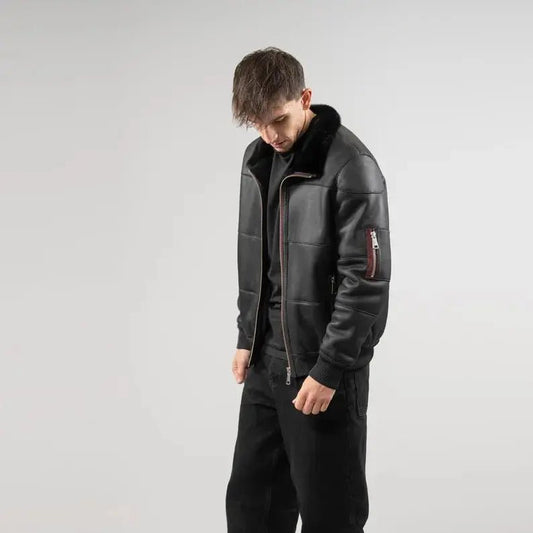Men's Black Sheepskin jacket mens with Fur Collar - Hawks Gadgets