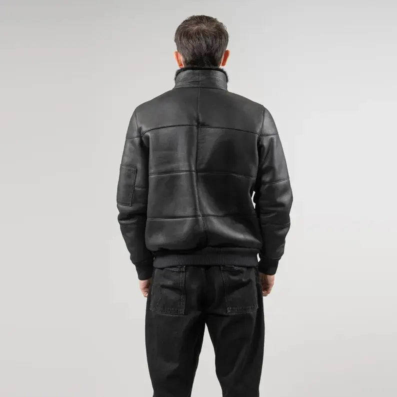 Men's Black Sheepskin jacket mens with Fur Collar - Hawks Gadgets