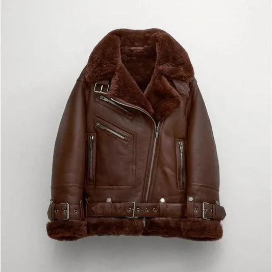 New Best Sheepskin Shearling Brown Aviator Styled Leather Jacket For Women - Hawks Gadgets