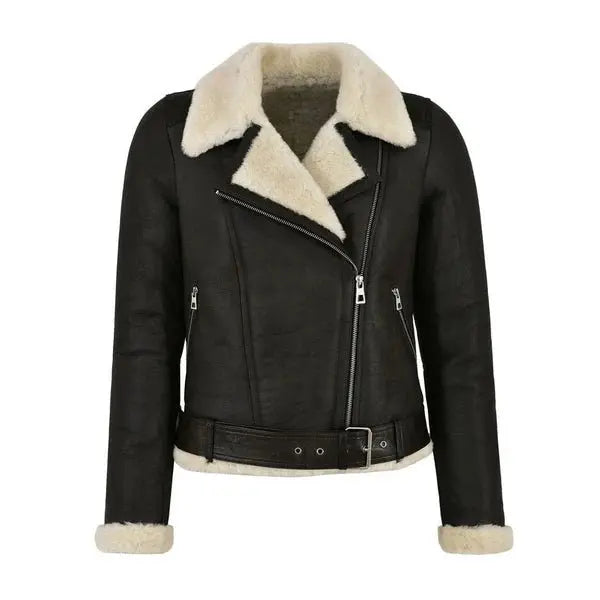 New Best Sheepskin Shearling Genuine Faux Fur Biker Leather jacket For Women - Hawks Gadgets