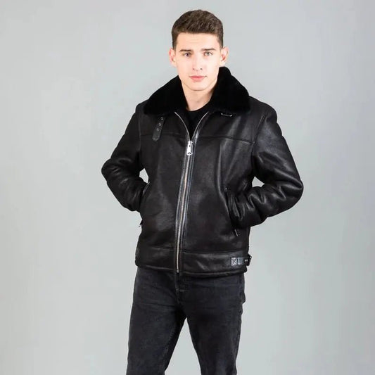 Real sheepskin leather jacket in black color with a sheepskin fur collar - Hawks Gadgets