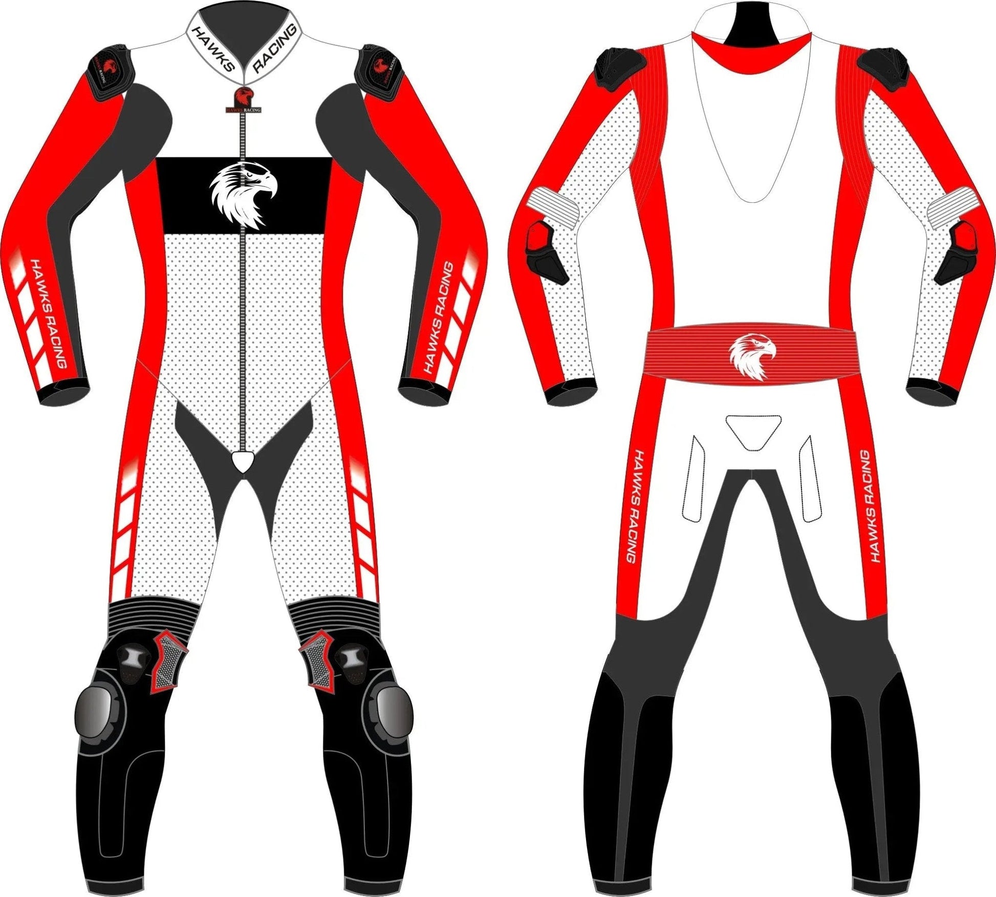 Red and White Motorcycle Track Suits – Leather One & Two - Piece Riding Suits for All Riders - Hawks Gadgets