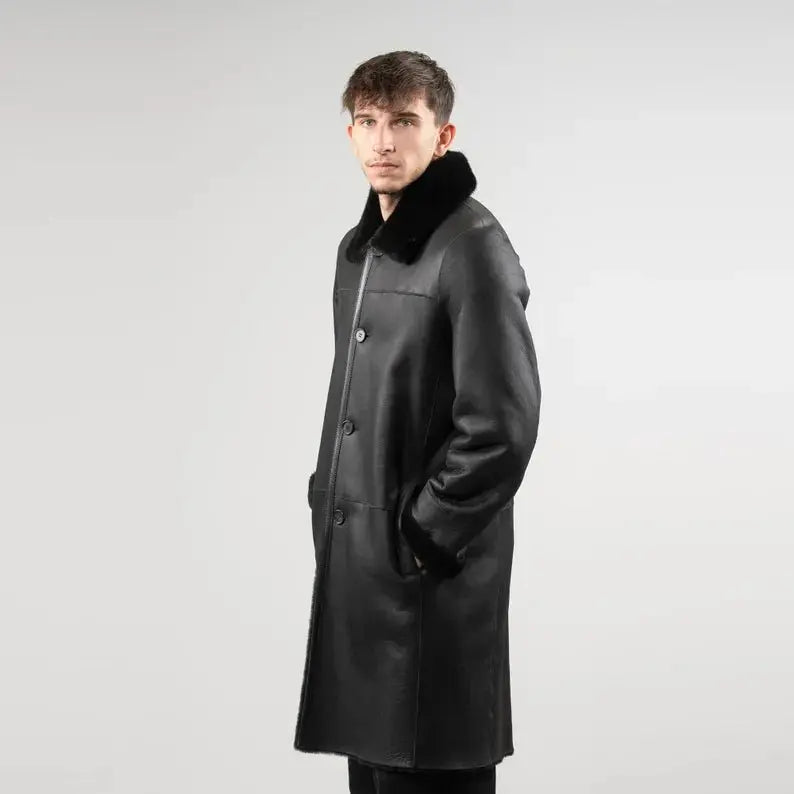 Reversible Black Sheepskin Coat - Men's Dual Style Statement - Hawks Gadgets