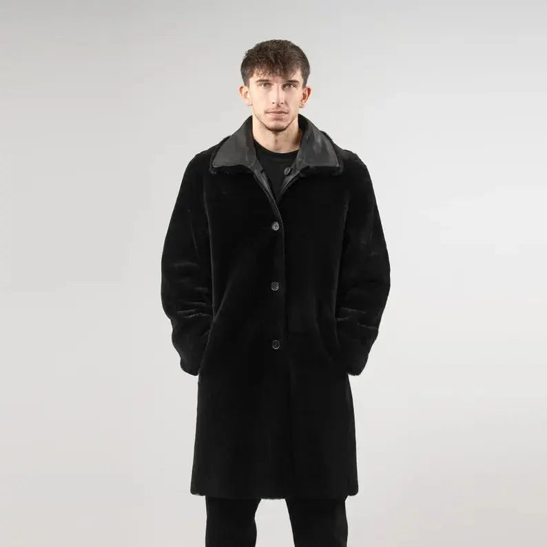 Reversible Black Sheepskin Coat - Men's Dual Style Statement - Hawks Gadgets