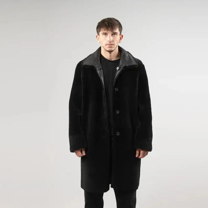 Reversible Black Sheepskin Coat - Men's Dual Style Statement - Hawks Gadgets