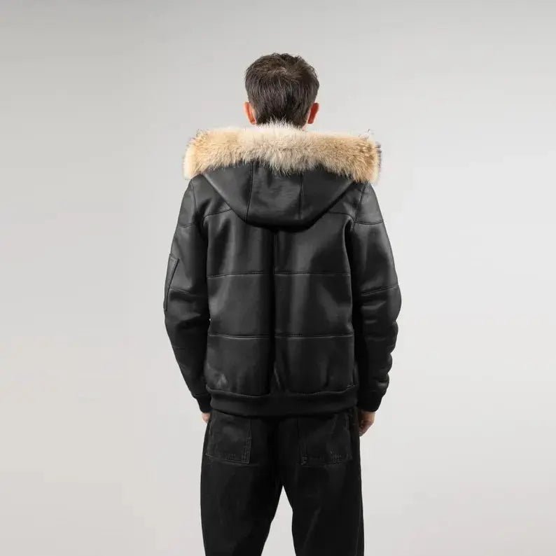 sheepskin jacket mens black - Coyote Fur Hood - Rugged Elegance - Hawks Gadgets