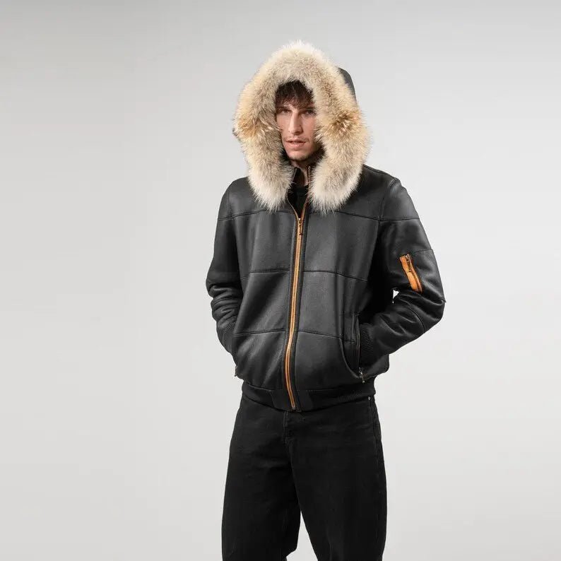 sheepskin jacket mens black - Coyote Fur Hood - Rugged Elegance - Hawks Gadgets