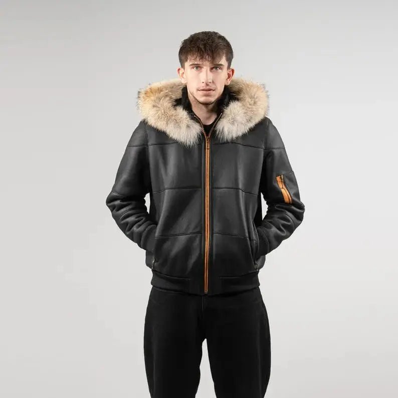 sheepskin jacket mens black - Coyote Fur Hood - Rugged Elegance - Hawks Gadgets