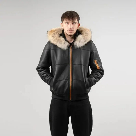 sheepskin jacket mens black - Coyote Fur Hood - Rugged Elegance - Hawks Gadgets