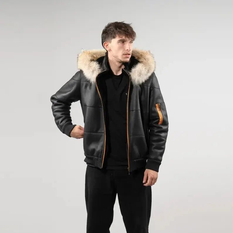 sheepskin jacket mens black - Coyote Fur Hood - Rugged Elegance - Hawks Gadgets