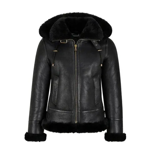 Women Black Lambskin Shearling B3 RAF Aviator Styled Leather Jacket - Hawks Gadgets
