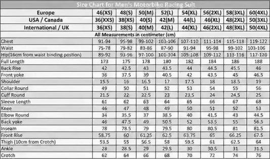 Leather jacket size chart