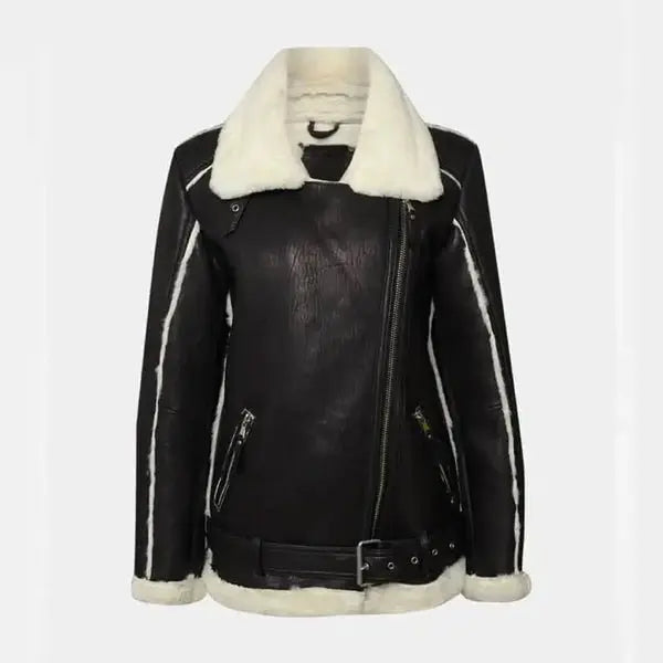 Women’s Black Lambskin Oversized Shearling Real Leather Biker Jackets - Hawks Gadgets