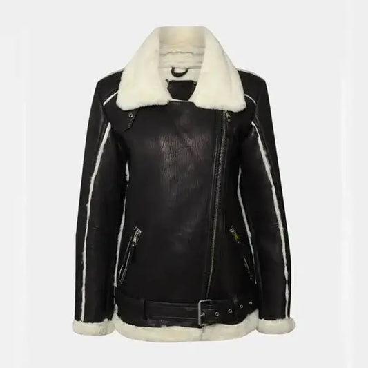 Women’s Black Lambskin Oversized Shearling Real Leather Biker Jackets - Hawks Gadgets